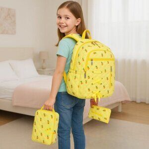Pineapple Print Backpack Set for Girls – 3PC School Bag, Lunch Box & Pencil Case